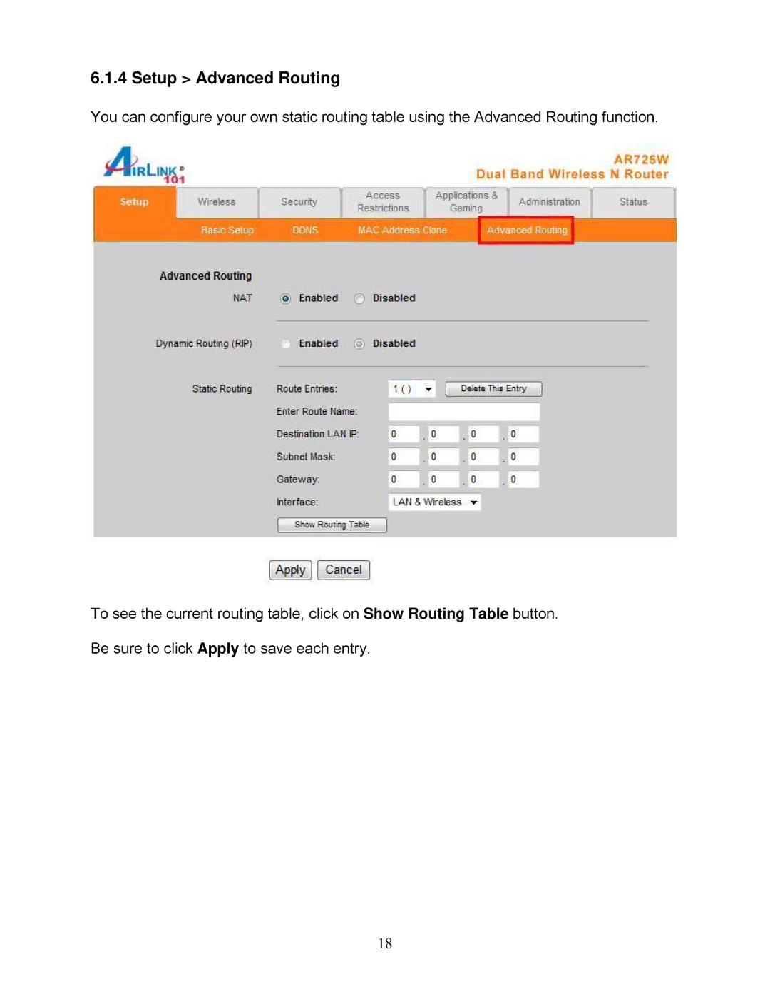 Airlink101 AR725W user manual Setup Advanced Routing 