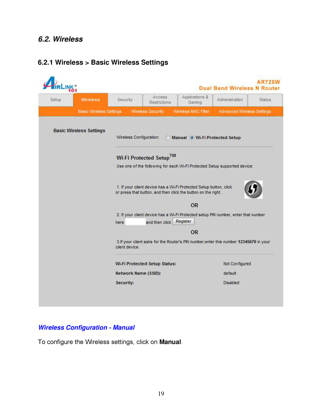 Airlink101 AR725W user manual Wireless Basic Wireless Settings, Wireless Configuration Manual 