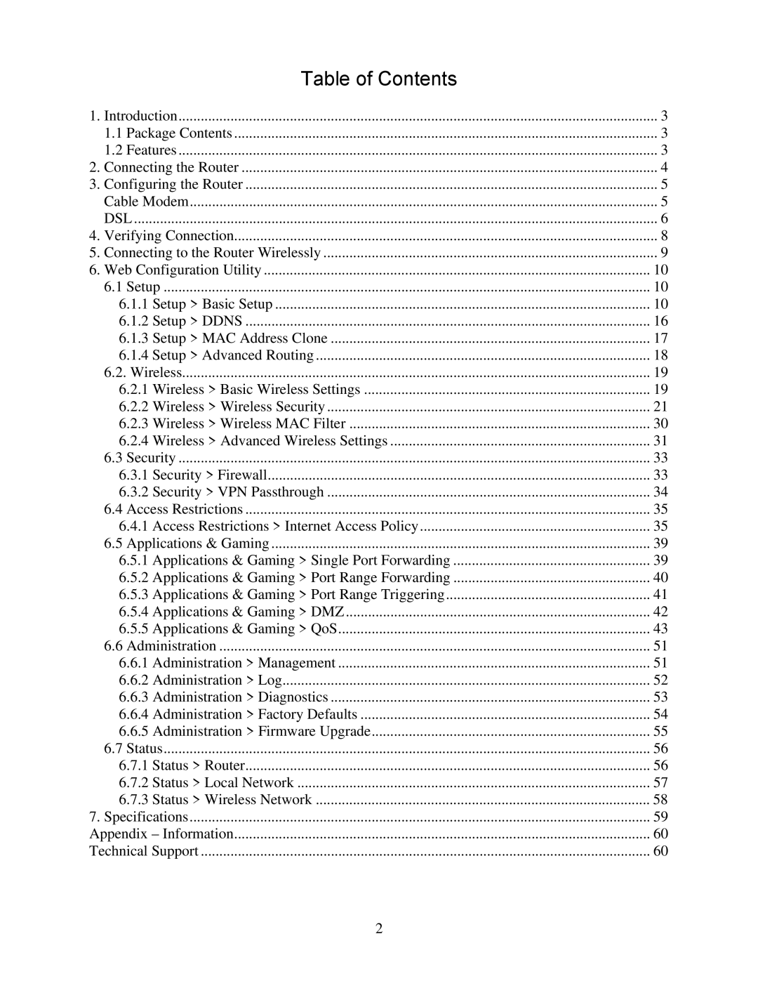 Airlink101 AR725W user manual Table of Contents 