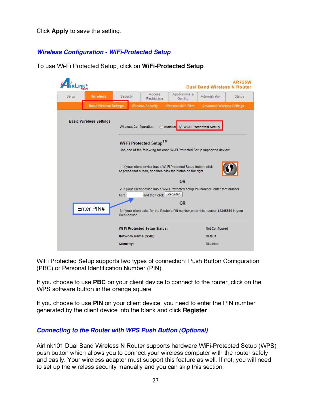 Airlink101 AR725W Wireless Configuration WiFi-Protected Setup, Connecting to the Router with WPS Push Button Optional 