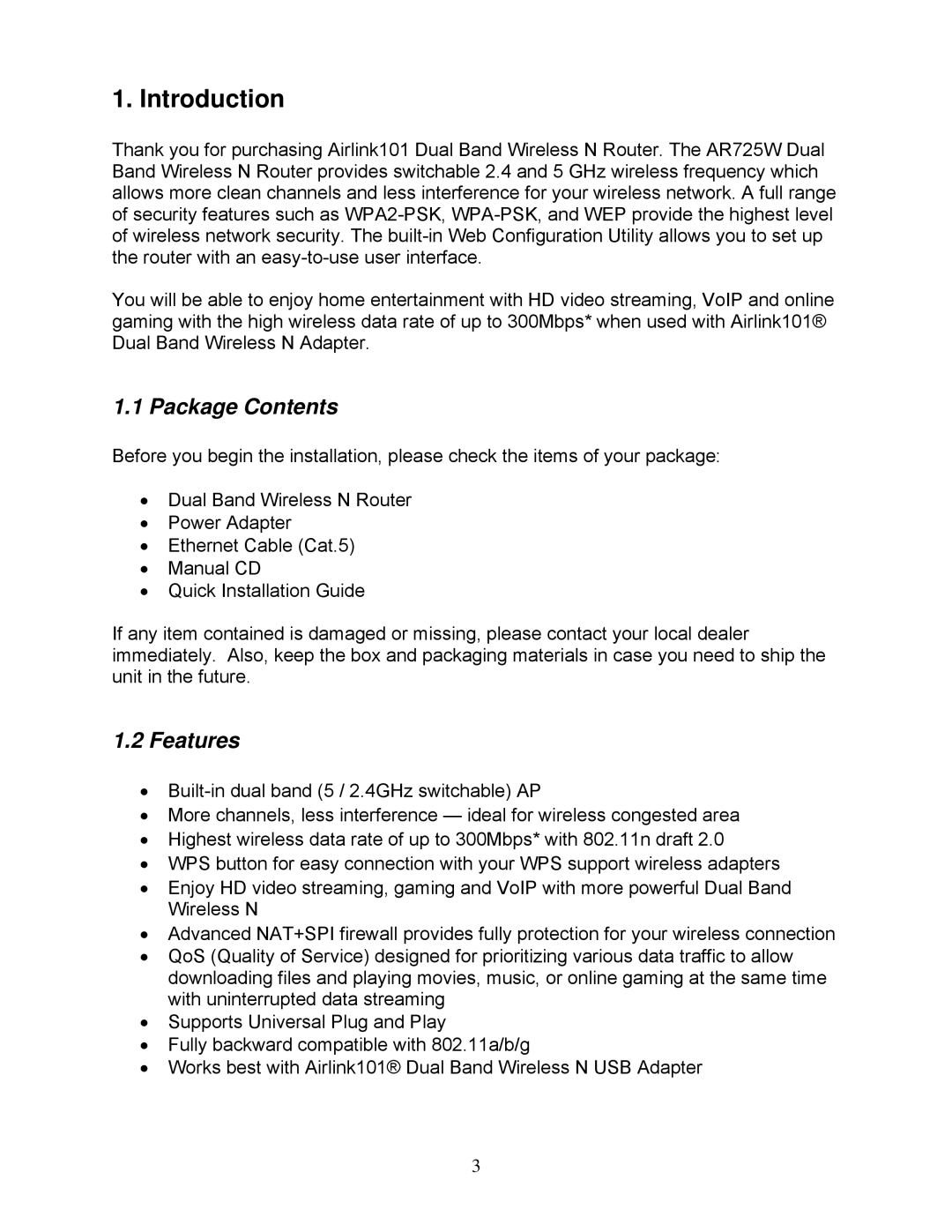 Airlink101 AR725W user manual Introduction, Package Contents, Features 