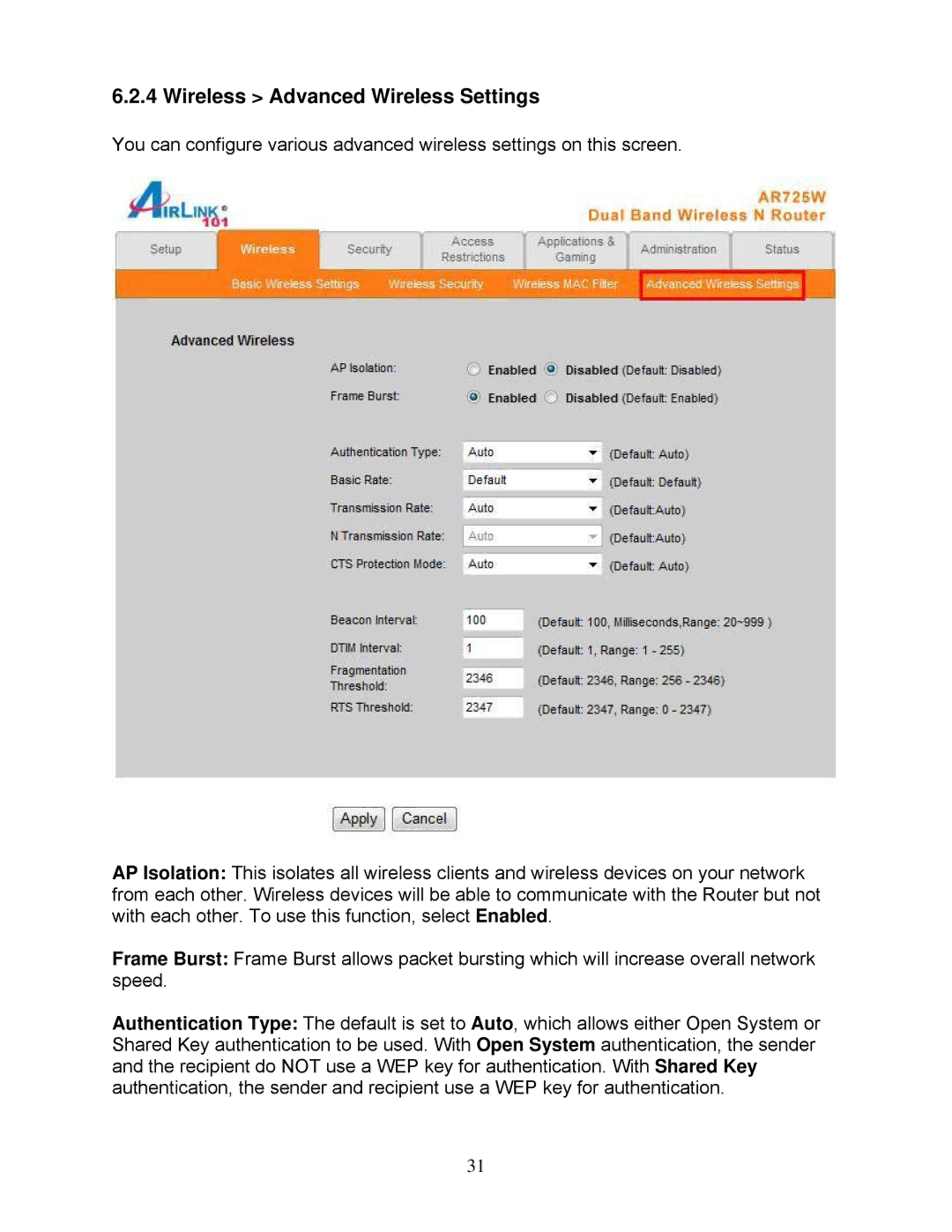 Airlink101 AR725W user manual Wireless Advanced Wireless Settings 