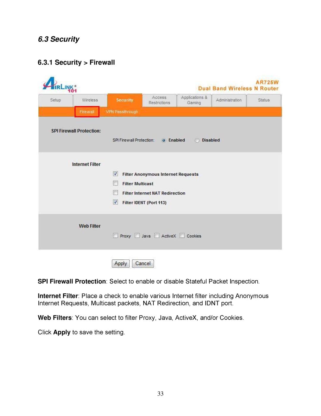 Airlink101 AR725W user manual Security Firewall 