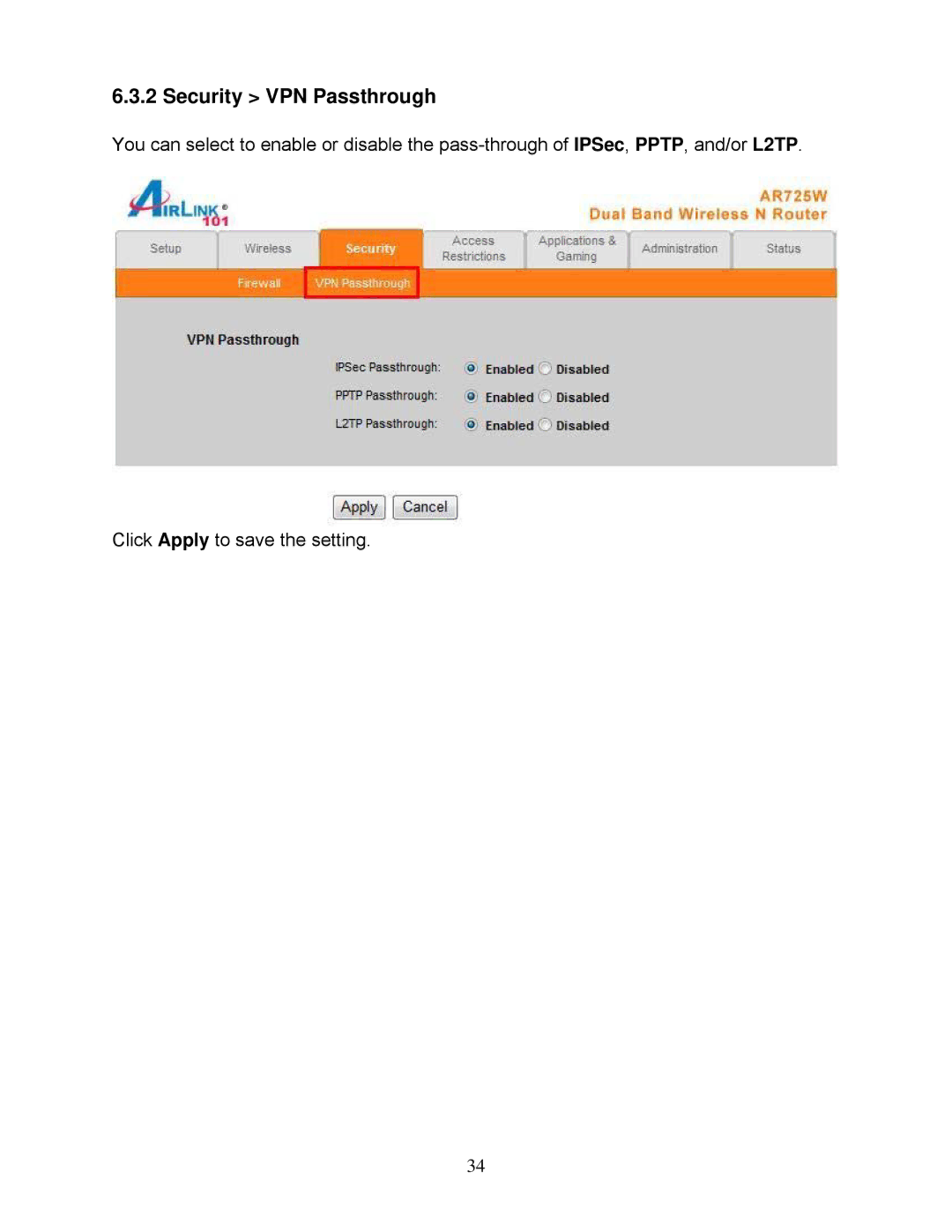 Airlink101 AR725W user manual Security VPN Passthrough 