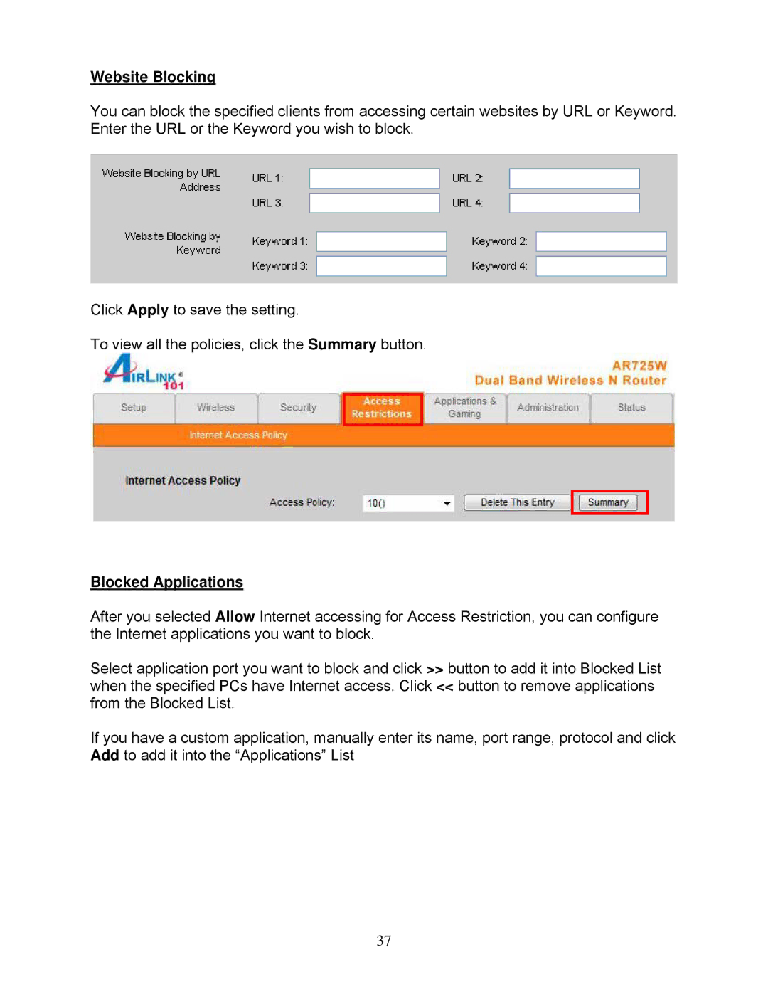 Airlink101 AR725W user manual Website Blocking, Blocked Applications 