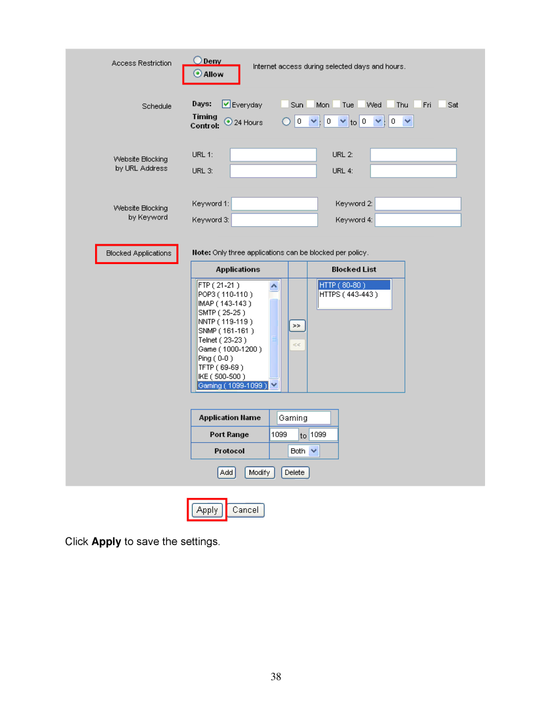 Airlink101 AR725W user manual Click Apply to save the settings 