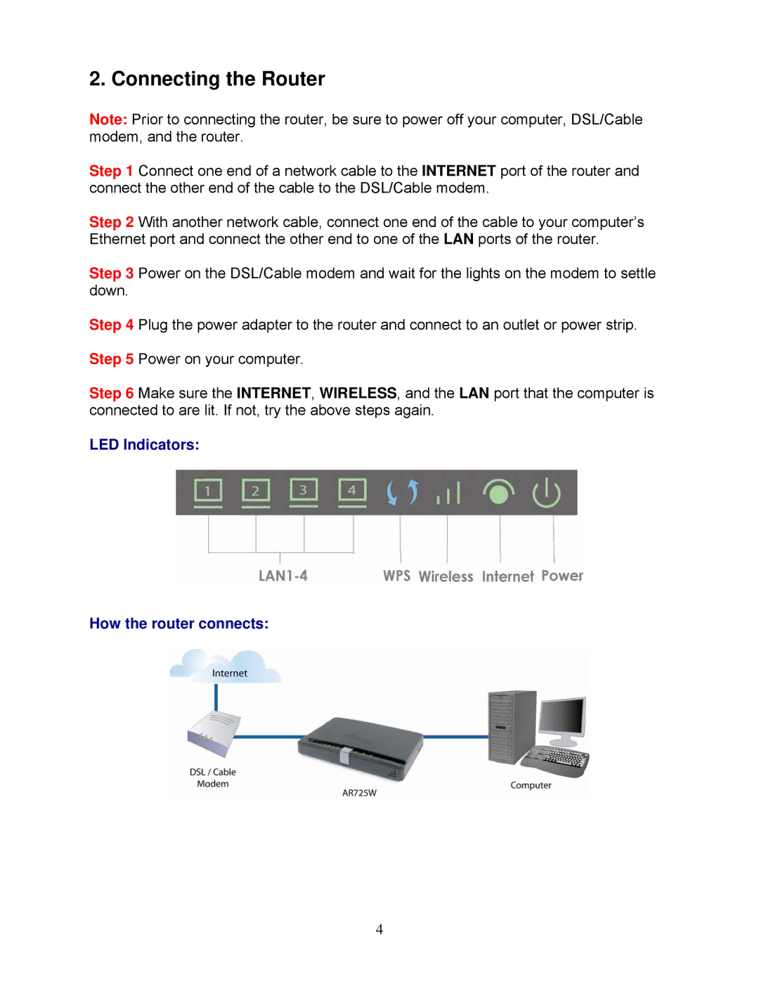 Airlink101 AR725W user manual Connecting the Router 