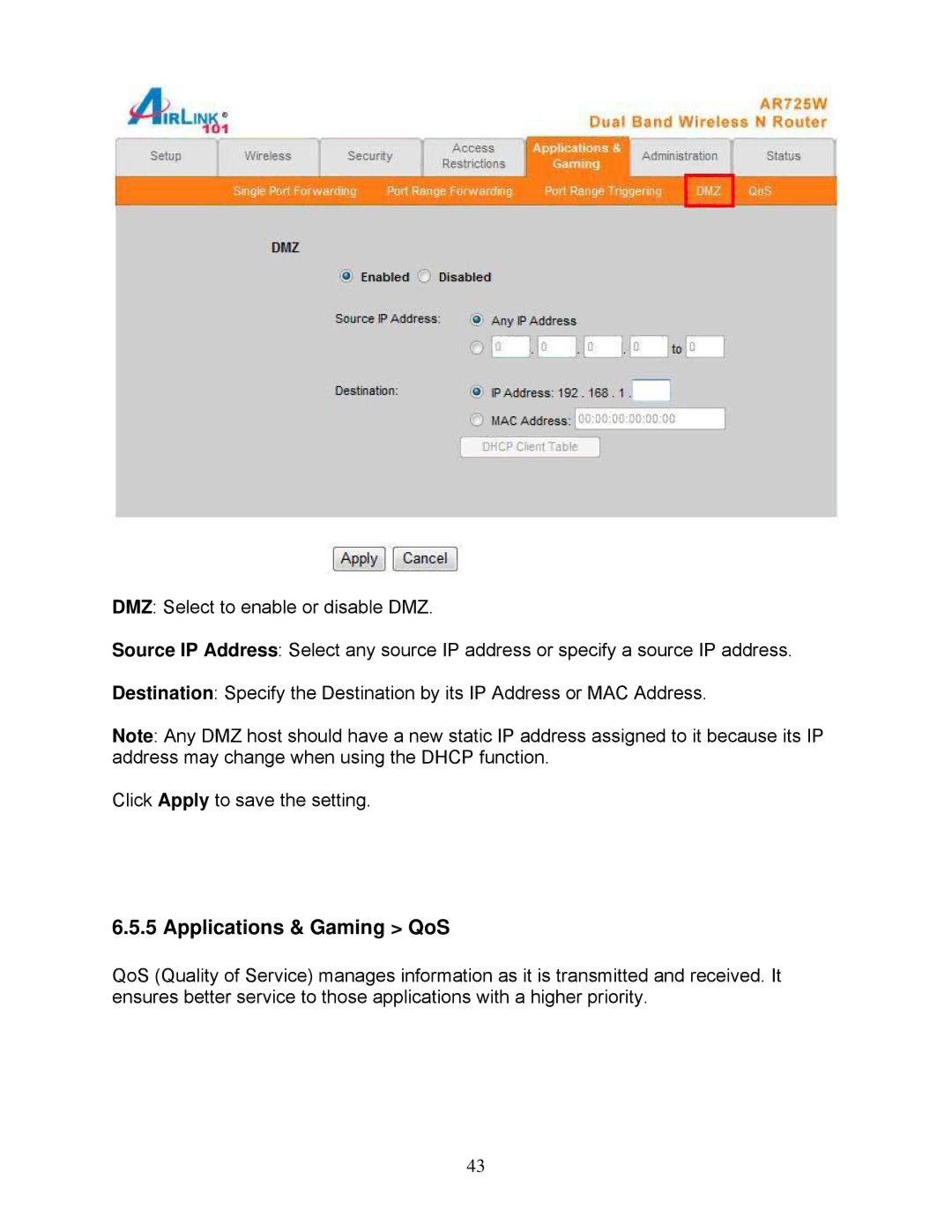 Airlink101 AR725W user manual Applications & Gaming QoS 