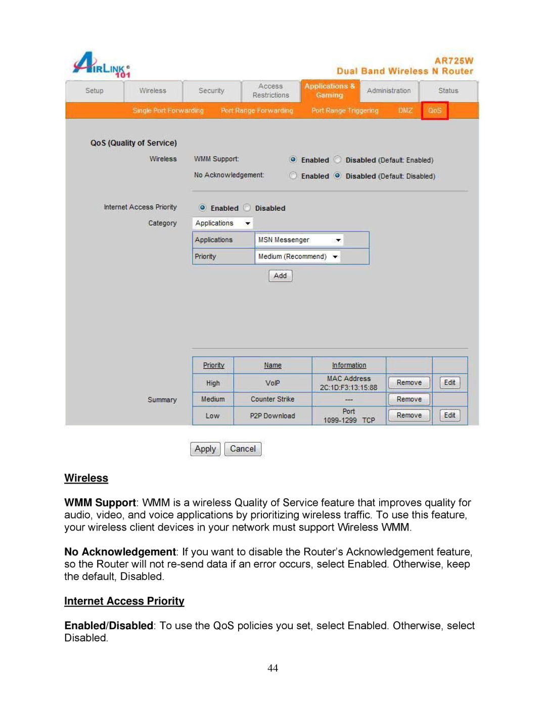 Airlink101 AR725W user manual Wireless, Internet Access Priority 