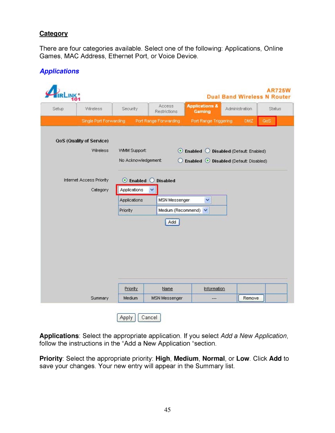 Airlink101 AR725W user manual Category, Applications 