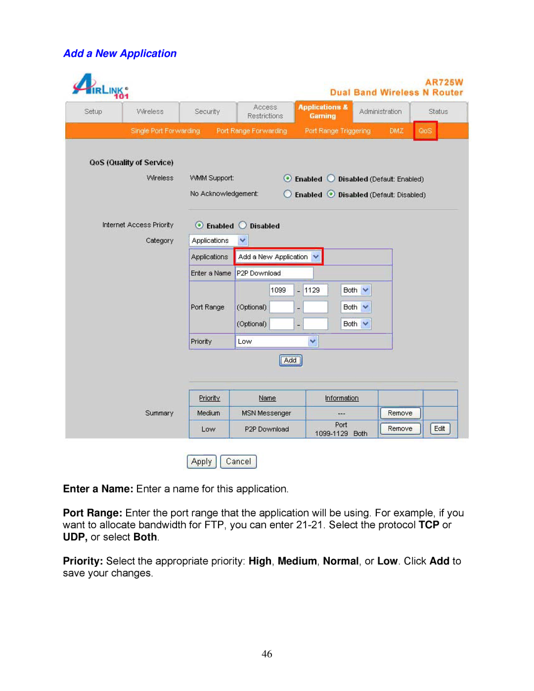 Airlink101 AR725W user manual Add a New Application 