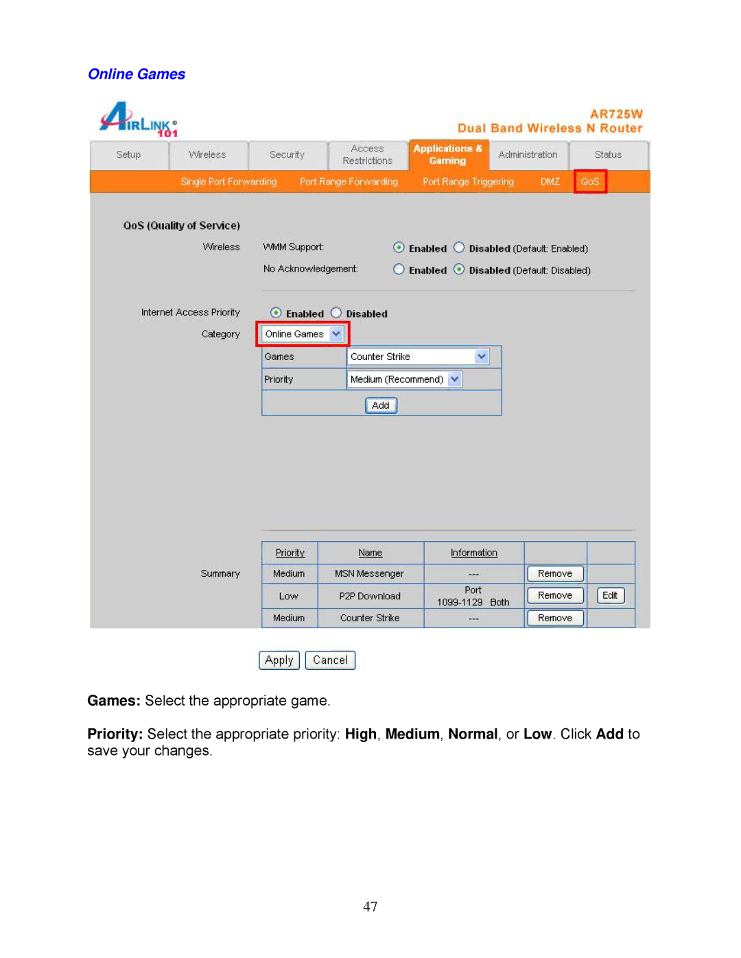 Airlink101 AR725W user manual Online Games 