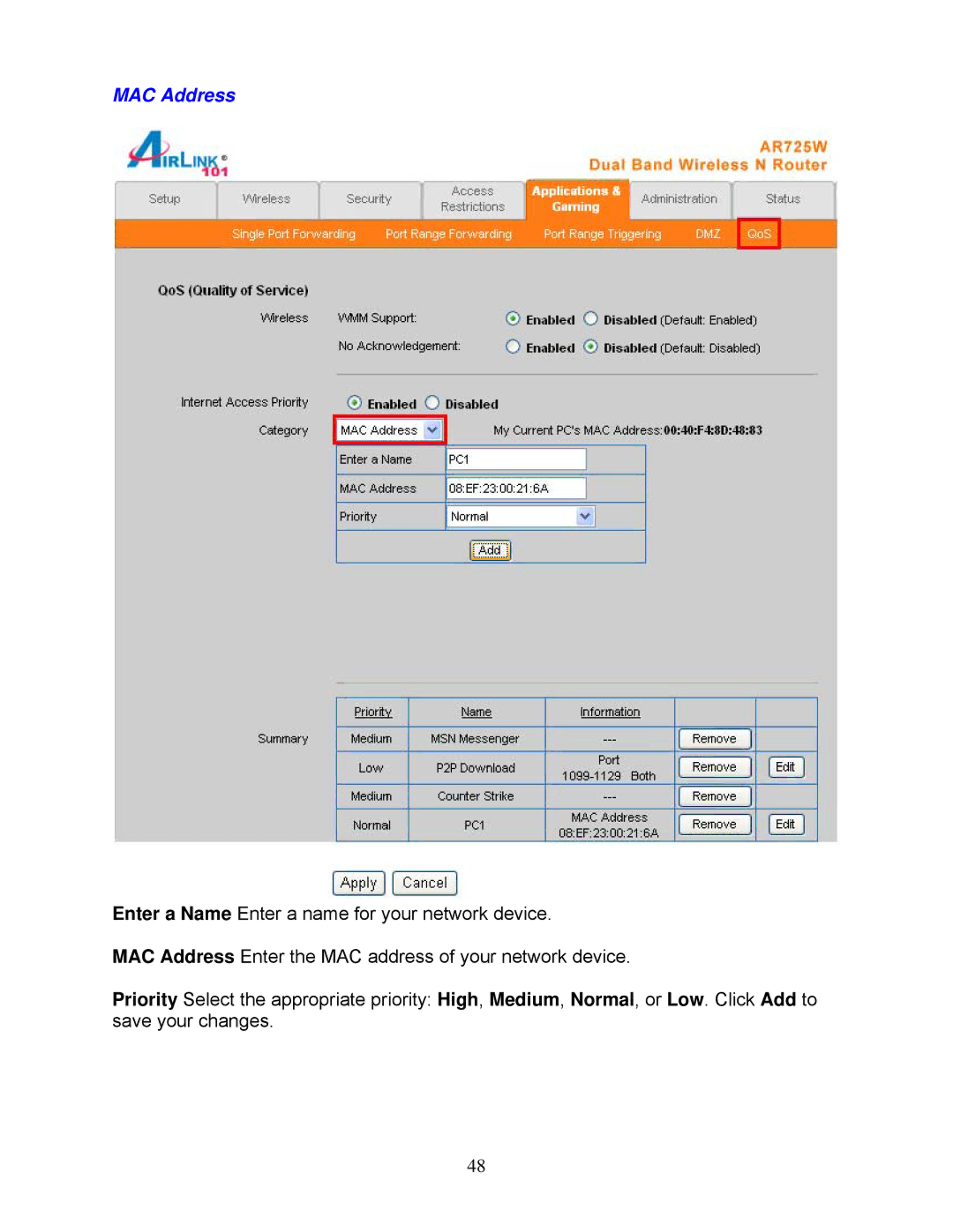 Airlink101 AR725W user manual MAC Address 