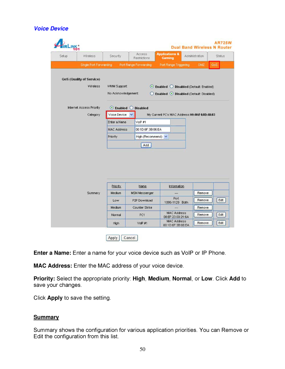 Airlink101 AR725W user manual Voice Device, Summary 