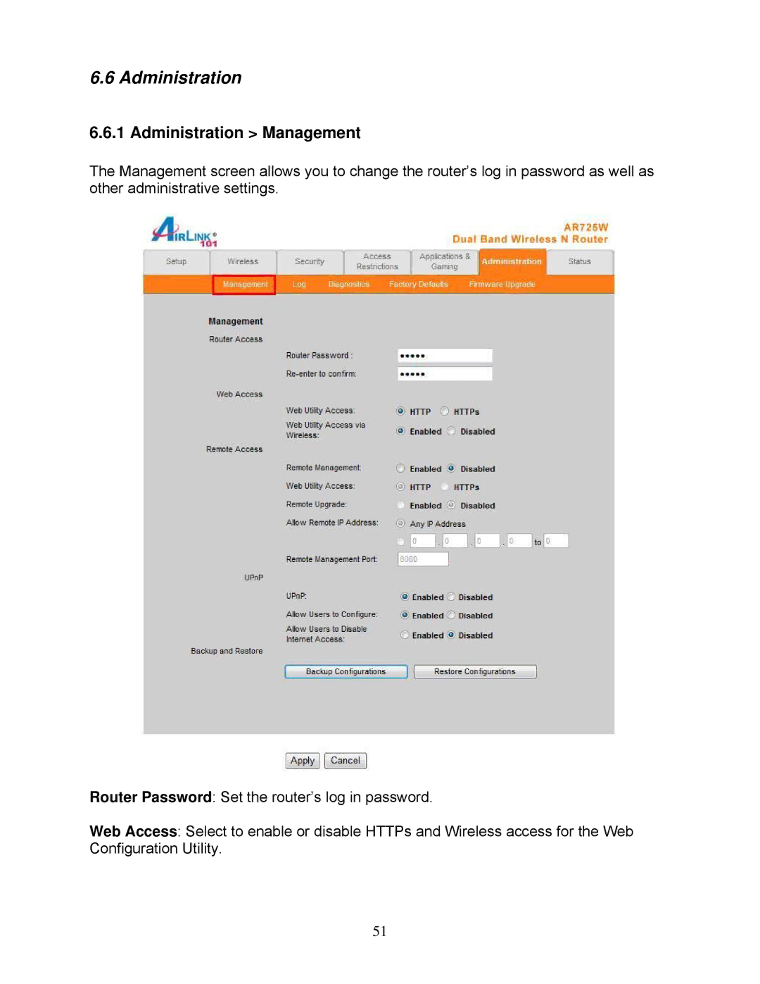 Airlink101 AR725W user manual Administration Management 