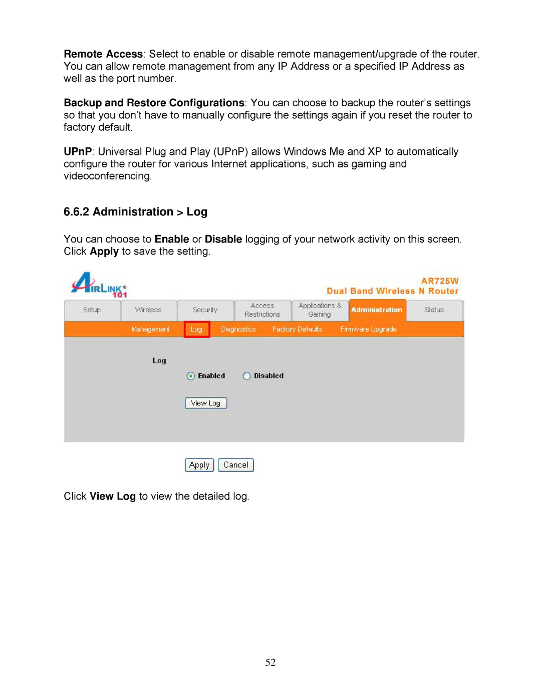 Airlink101 AR725W user manual Administration Log 