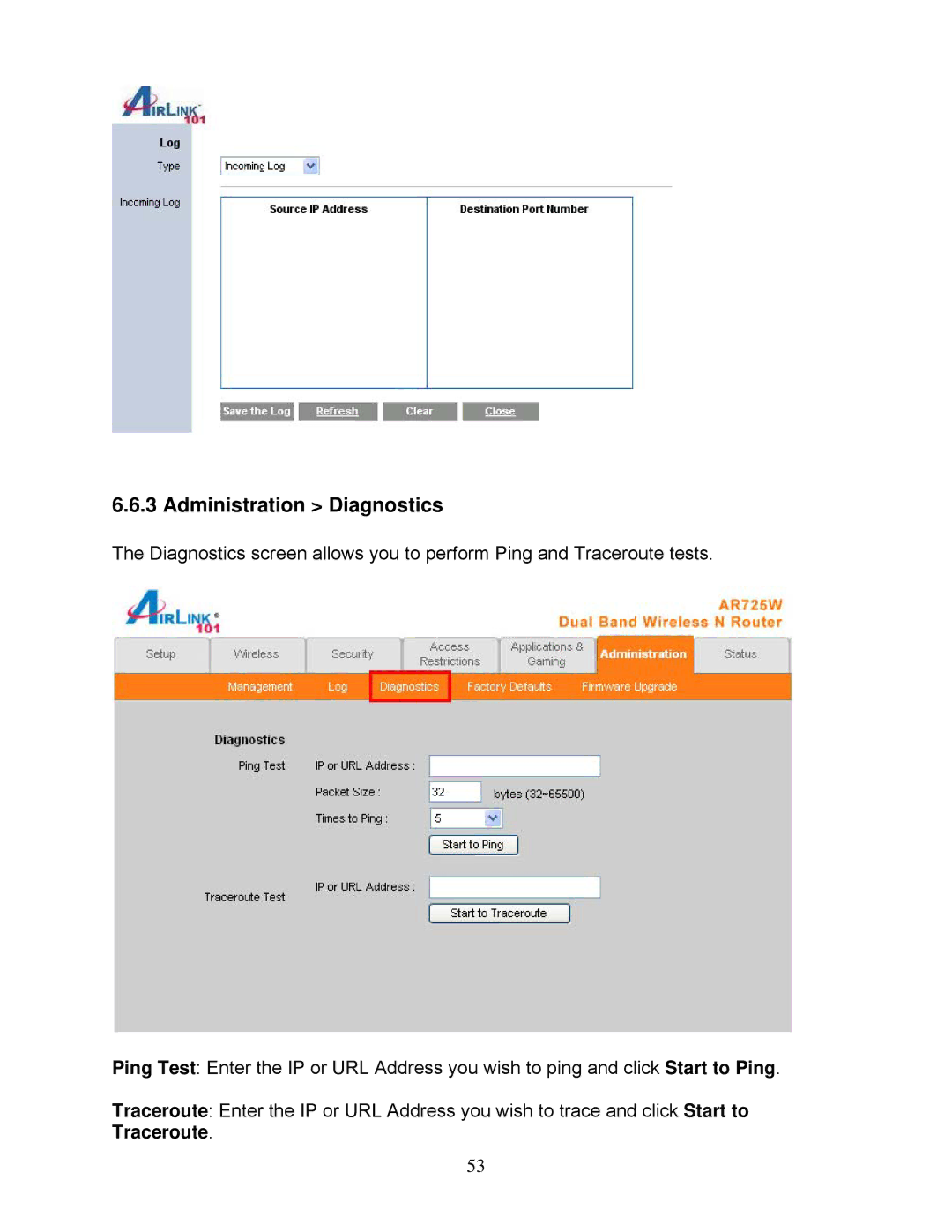 Airlink101 AR725W user manual Administration Diagnostics 