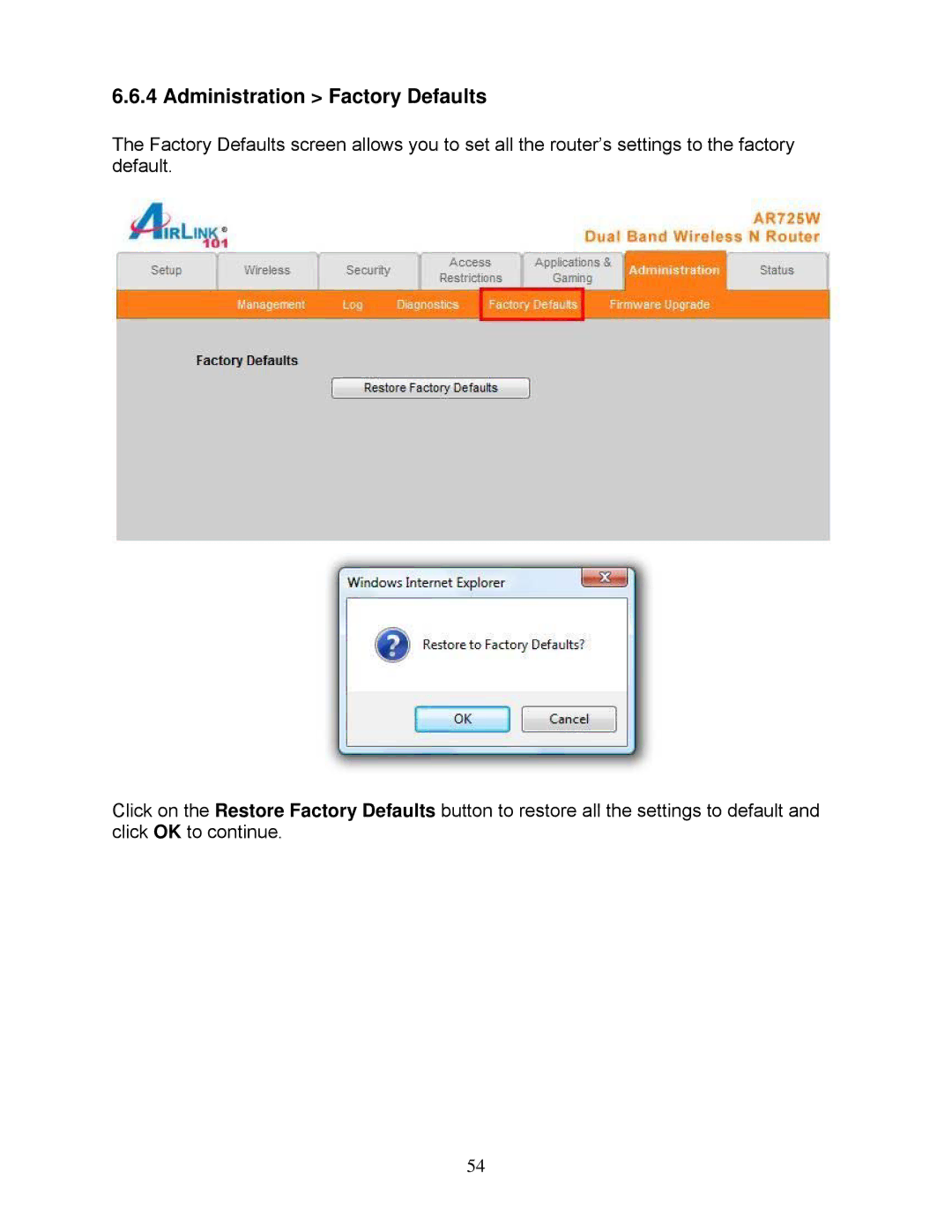 Airlink101 AR725W user manual Administration Factory Defaults 