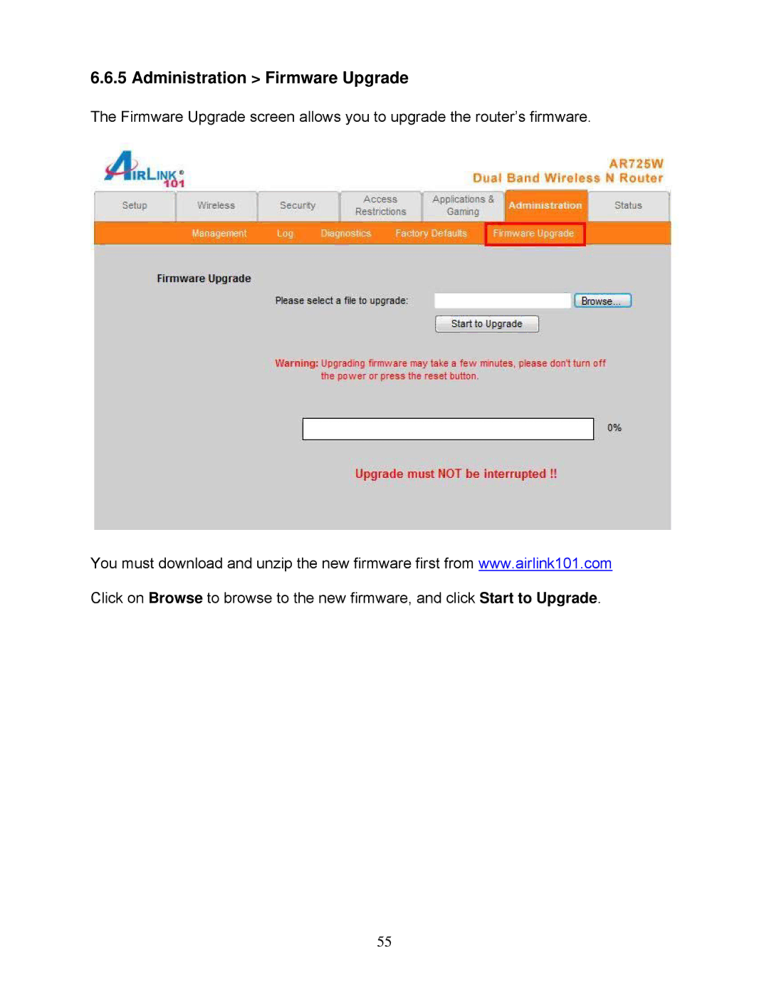 Airlink101 AR725W user manual Administration Firmware Upgrade 