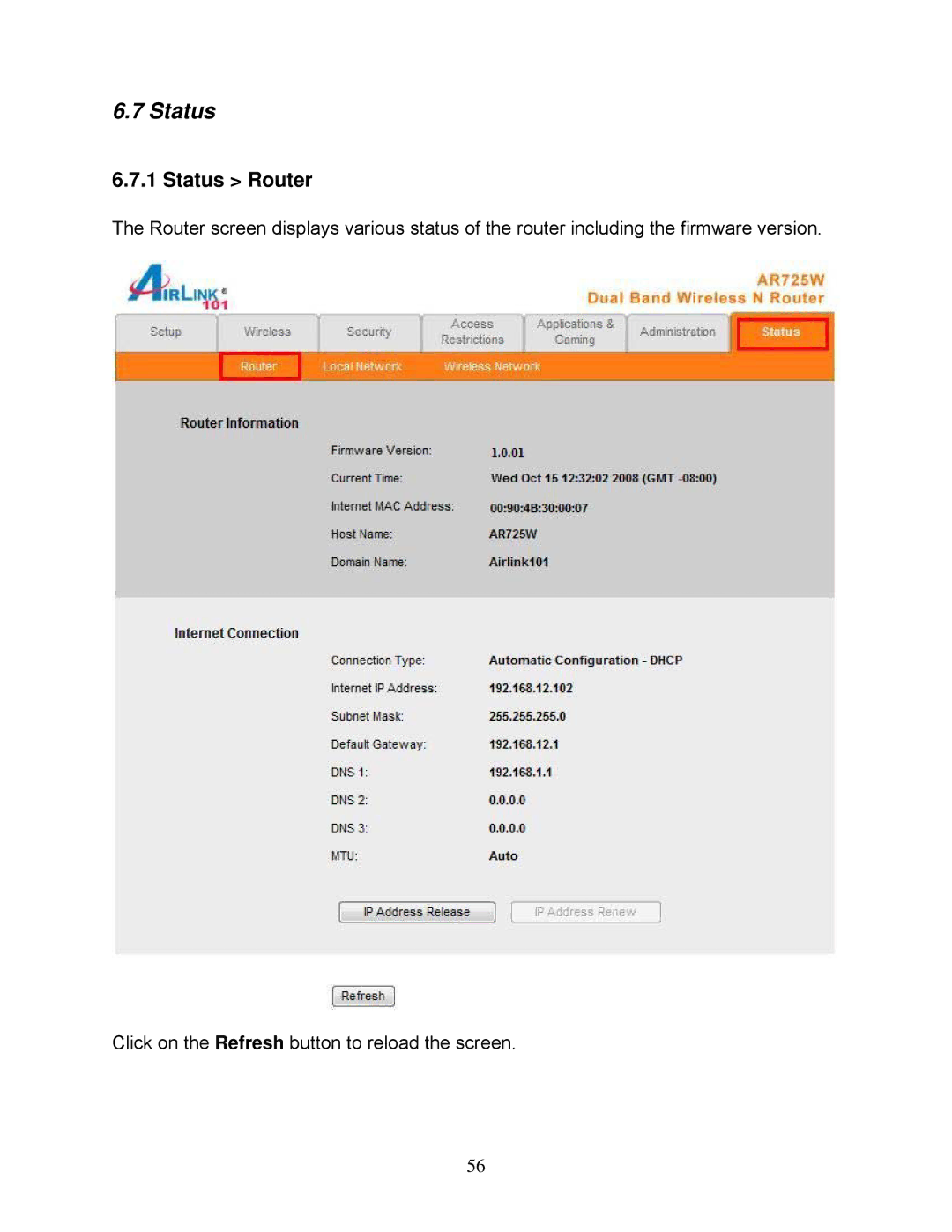 Airlink101 AR725W user manual Status Router 