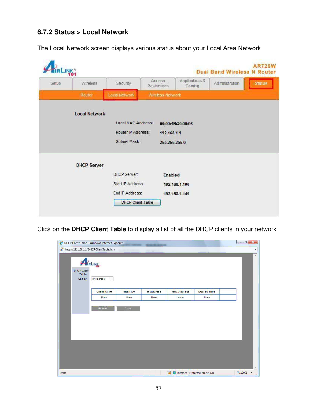 Airlink101 AR725W user manual Status Local Network 