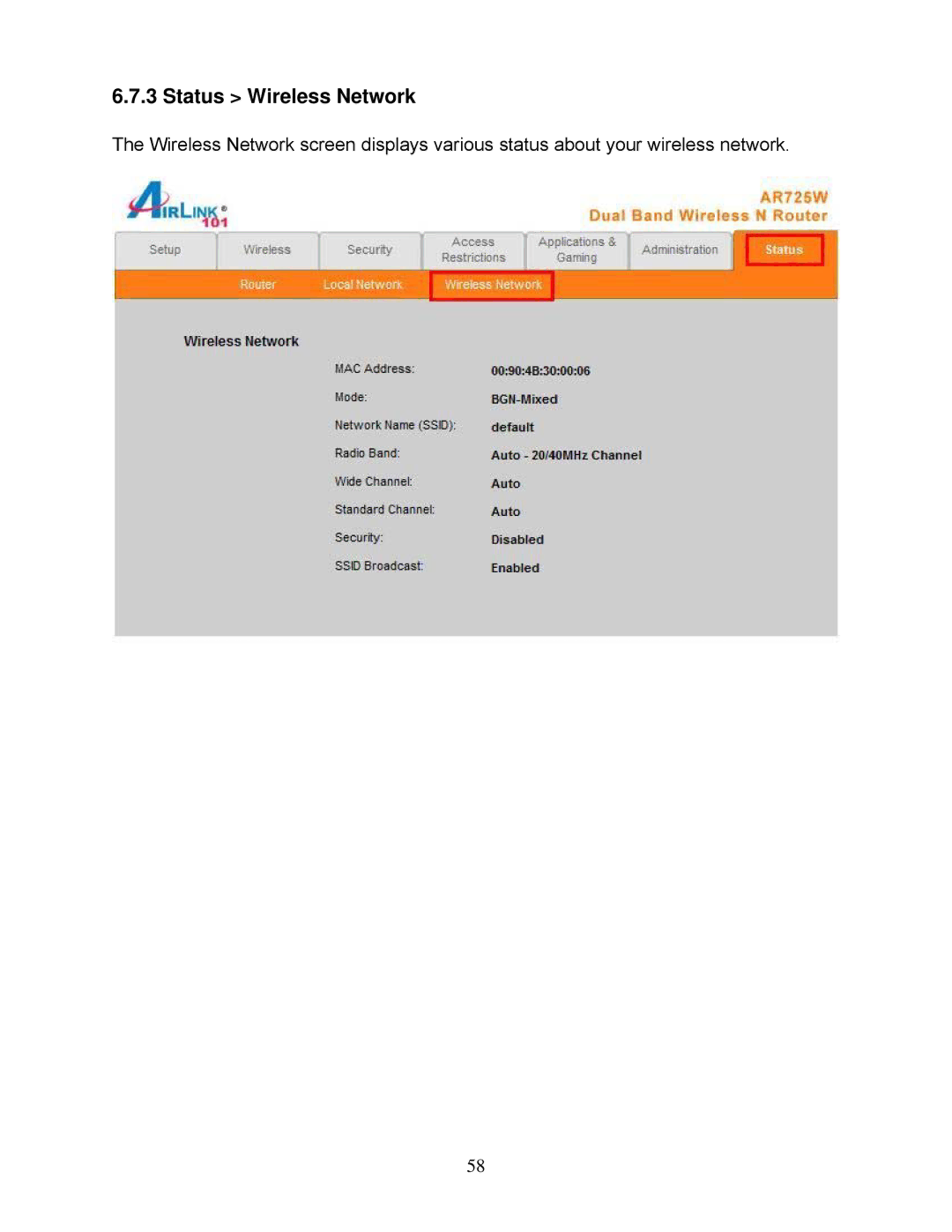 Airlink101 AR725W user manual Status Wireless Network 