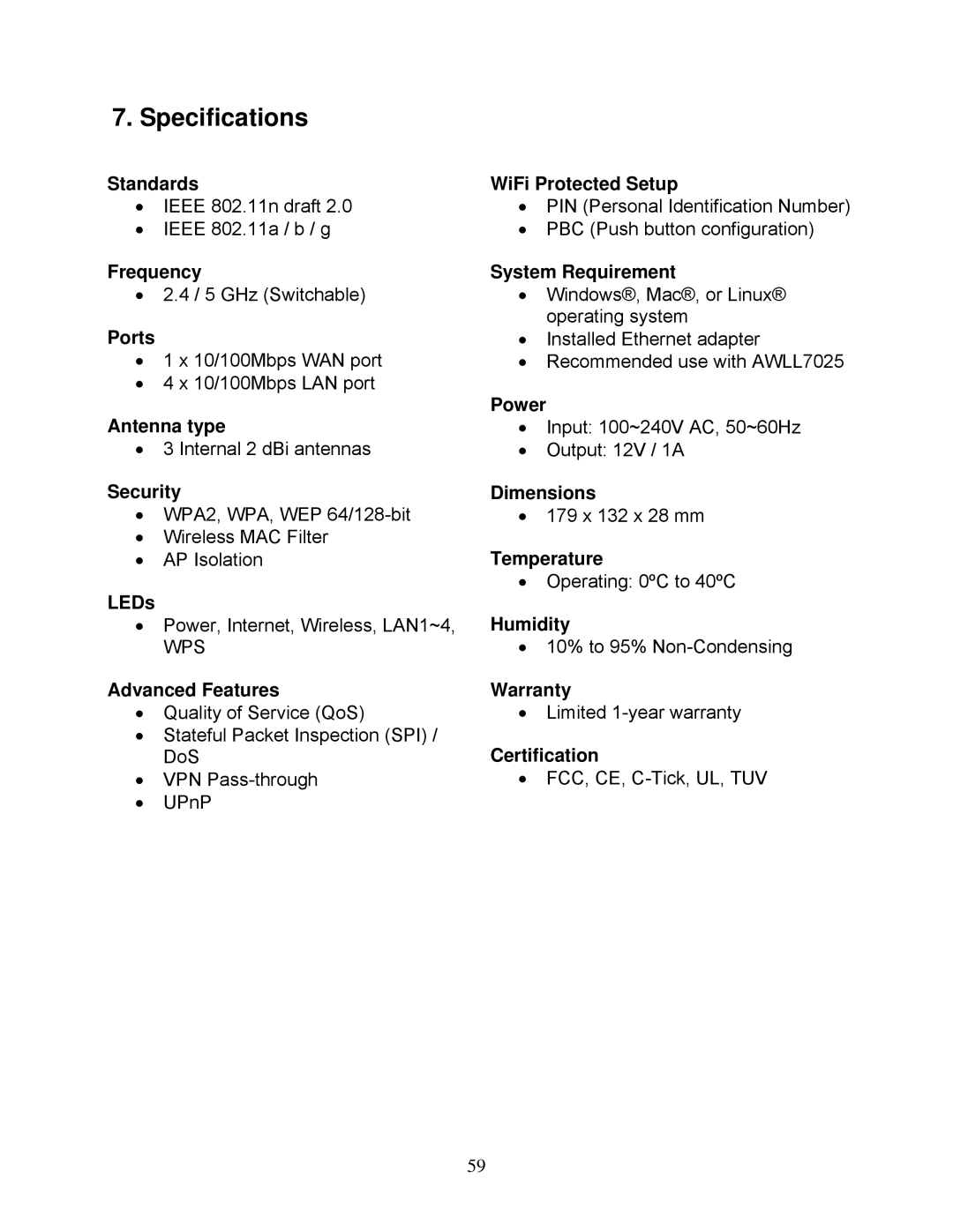 Airlink101 AR725W user manual Specifications 