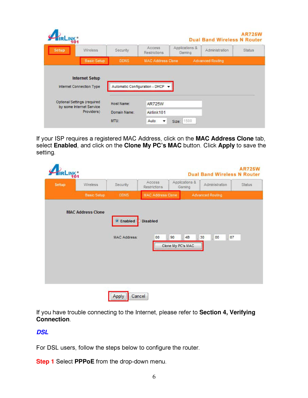 Airlink101 AR725W user manual Dsl 