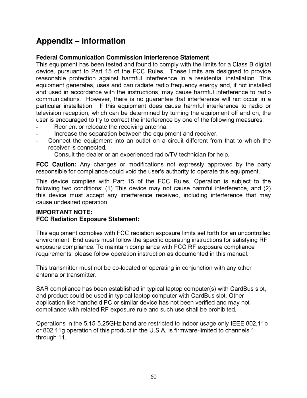 Airlink101 AR725W user manual Appendix Information, Federal Communication Commission Interference Statement 