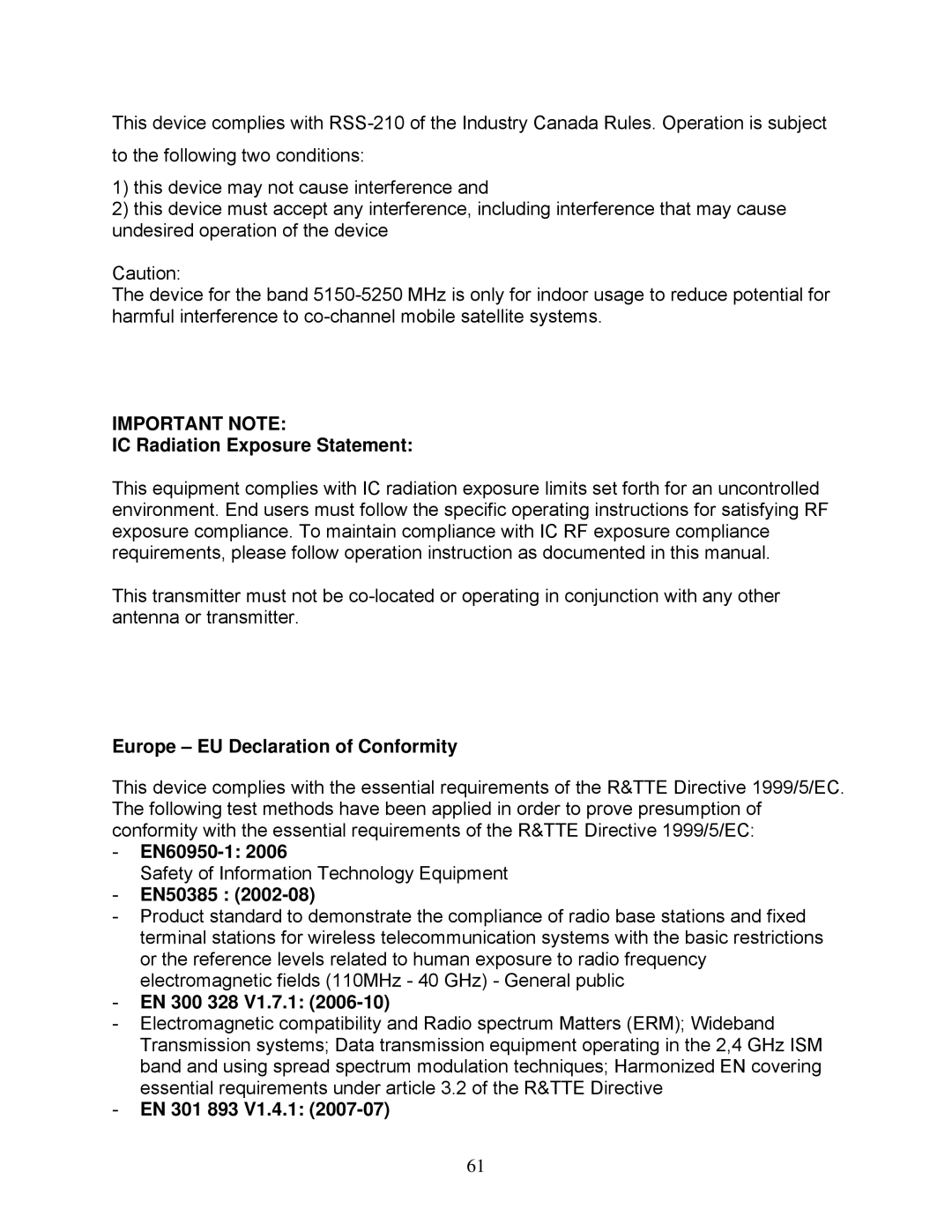 Airlink101 AR725W user manual IC Radiation Exposure Statement, Europe EU Declaration of Conformity, EN60950-1, EN50385 