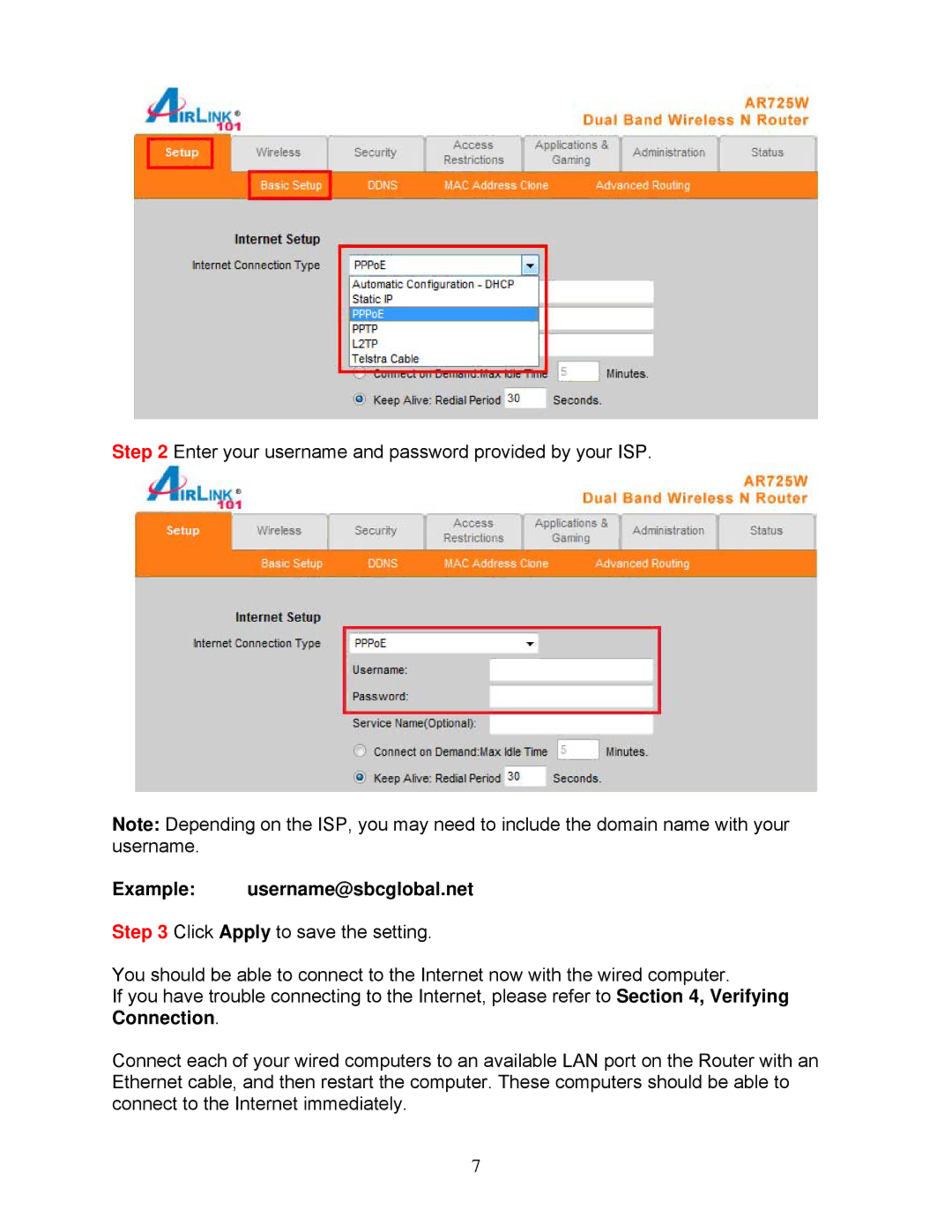 Airlink101 AR725W user manual Example username@sbcglobal.net 