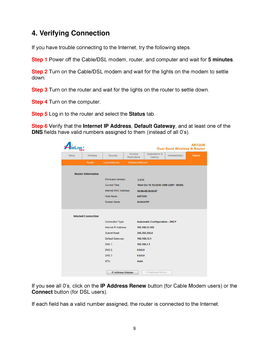 Airlink101 AR725W user manual Verifying Connection 