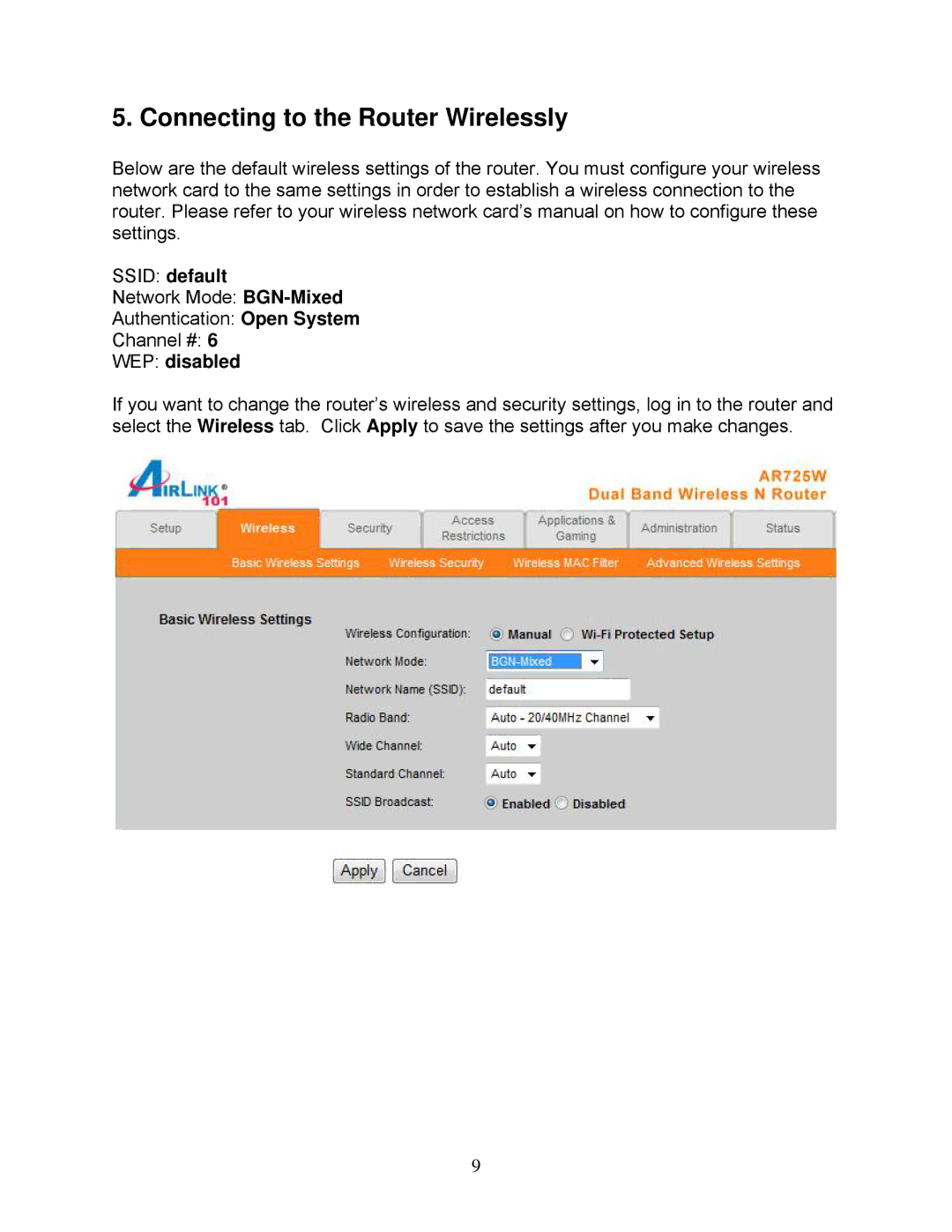 Airlink101 AR725W user manual Connecting to the Router Wirelessly, Ssid default, WEP disabled 