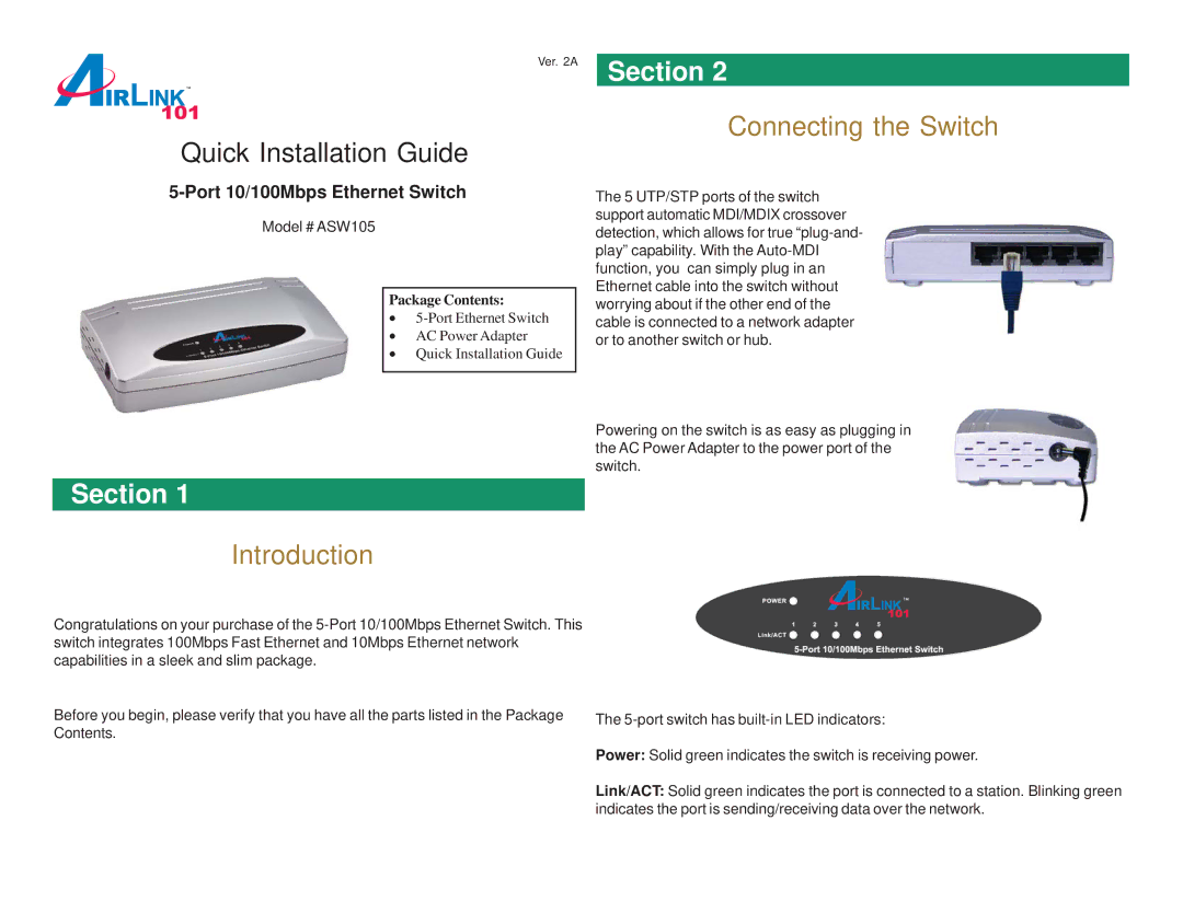 Airlink101 ASW105 manual Quick Installation Guide, Introduction, Connecting the Switch, Port 10/100Mbps Ethernet Switch 