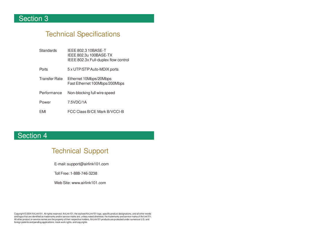 Airlink101 ASW105 manual Technical Specifications, Technical Support 