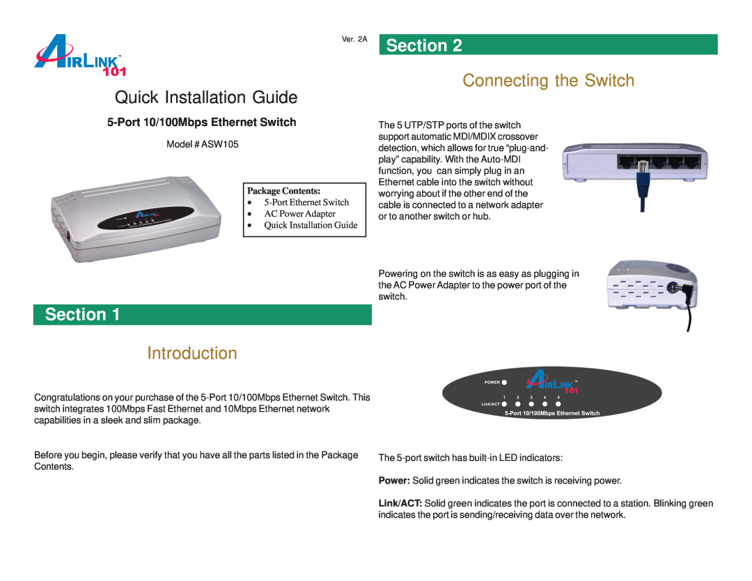 Airlink101 ASW105 manual Section, Introduction, Connecting the Switch, Quick Installation Guide, Package Contents 