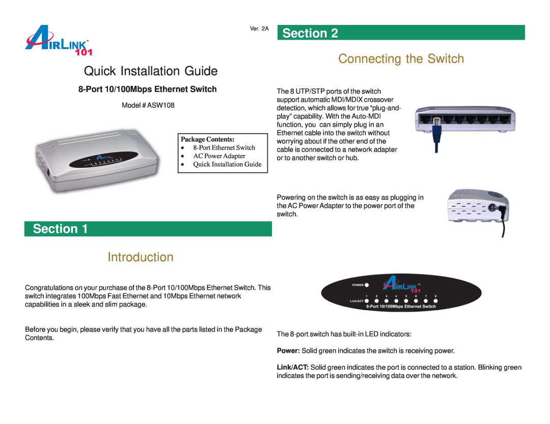 Airlink101 ASW108 manual Section, Introduction, Connecting the Switch, Quick Installation Guide, Package Contents 