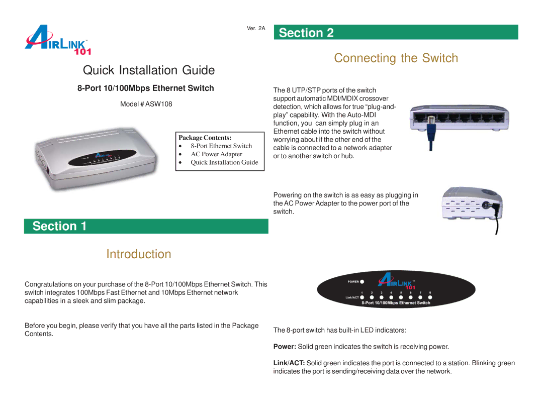 Airlink101 ASW108 manual Quick Installation Guide, Introduction, Connecting the Switch, Port 10/100Mbps Ethernet Switch 