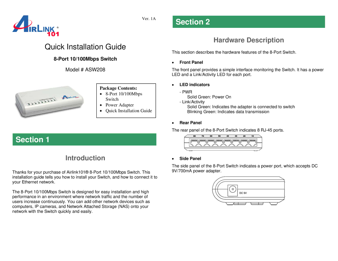 Airlink101 ASW208 manual Introduction, Hardware Description 