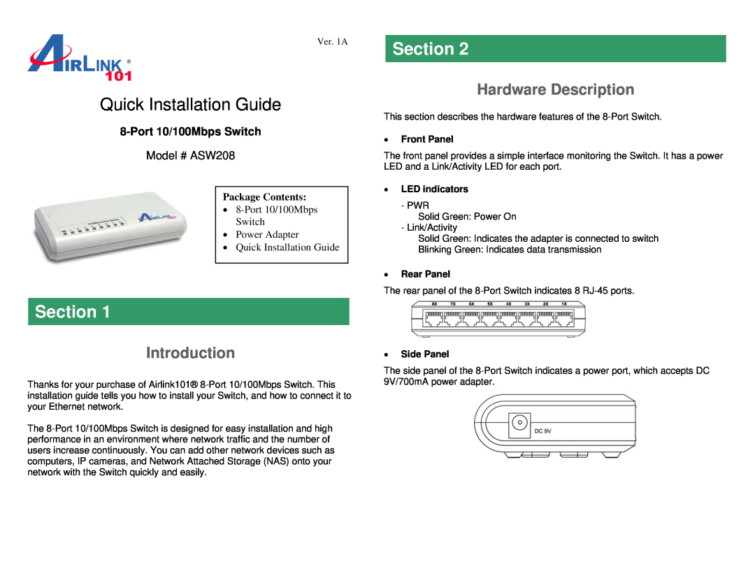 Airlink101 ASW208 manual Section, Quick Installation Guide, Introduction, Hardware Description, Port 10/100Mbps Switch 