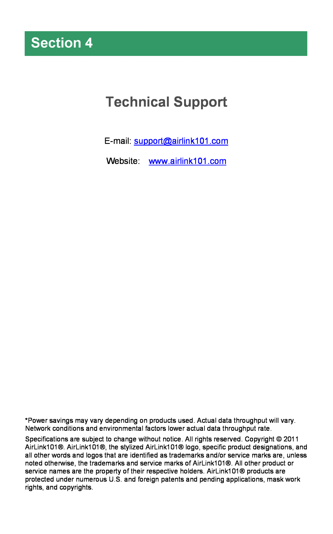 Airlink101 ASW305 manual Technical Support, Section, E-mail support@airlink101.com 