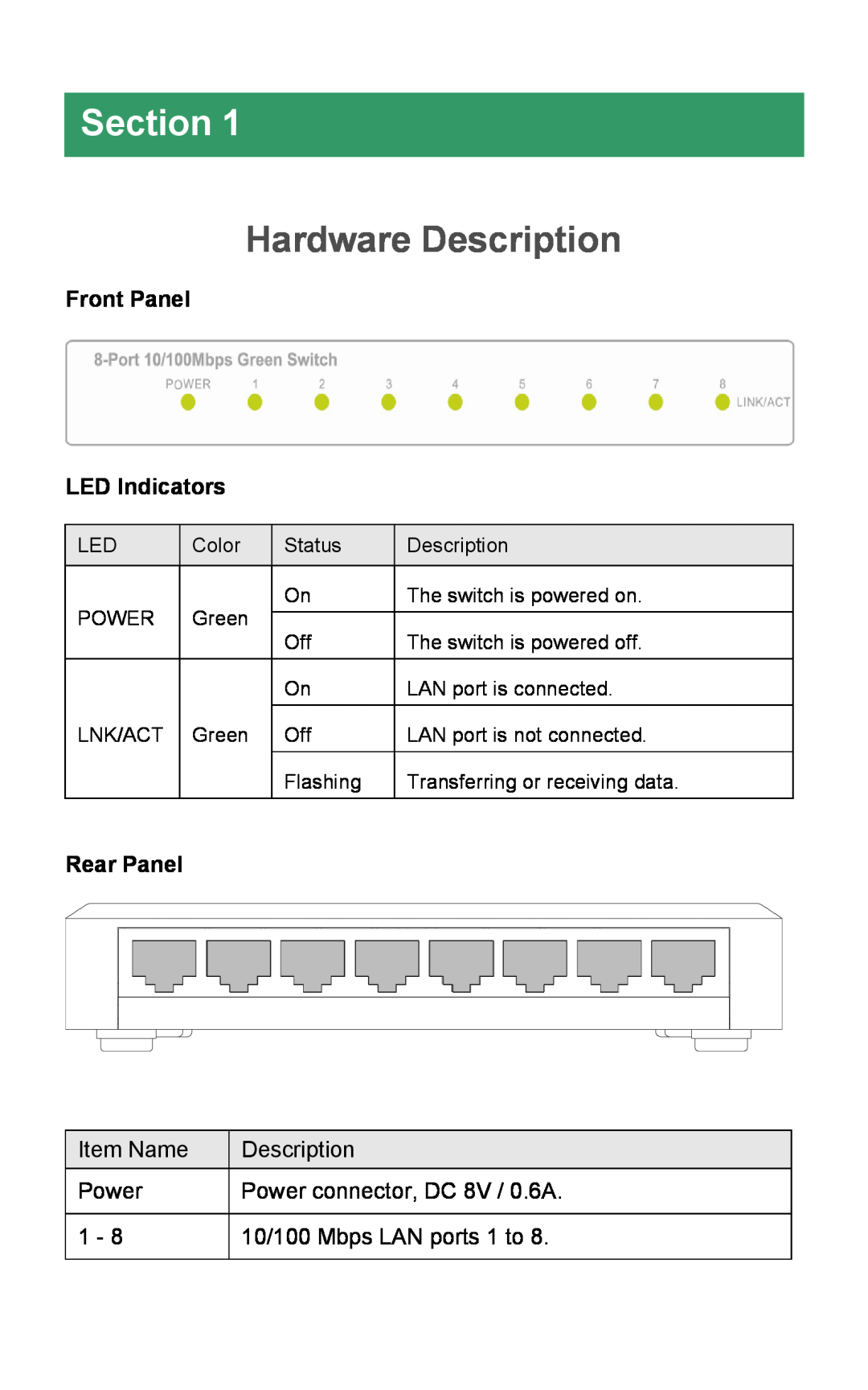 Airlink101 ASW308 manual Section, Hardware Description, Front Panel LED Indicators, Rear Panel 