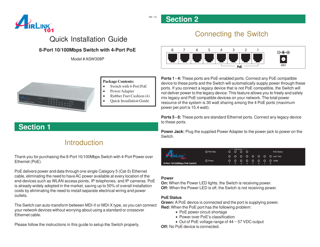 Airlink101 ASW308P manual Introduction Connecting the Switch, Power, PoE Status 