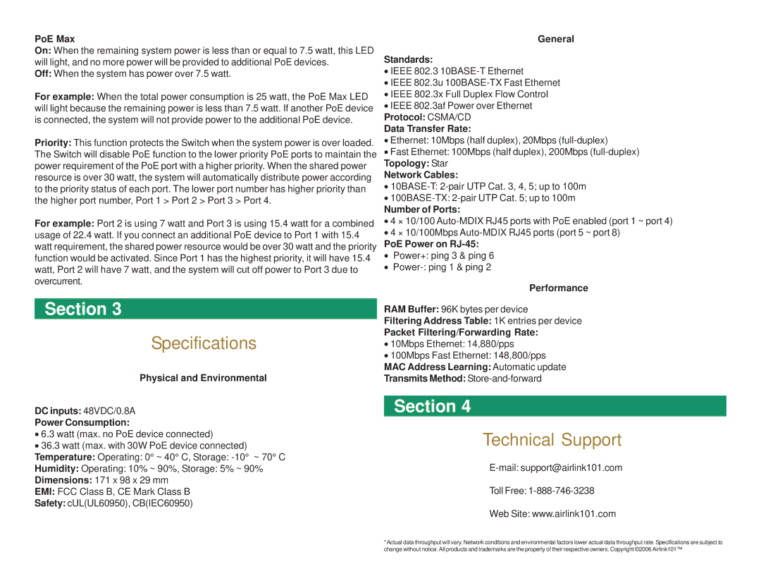 Airlink101 ASW308P manual Specifications, Technical Support 