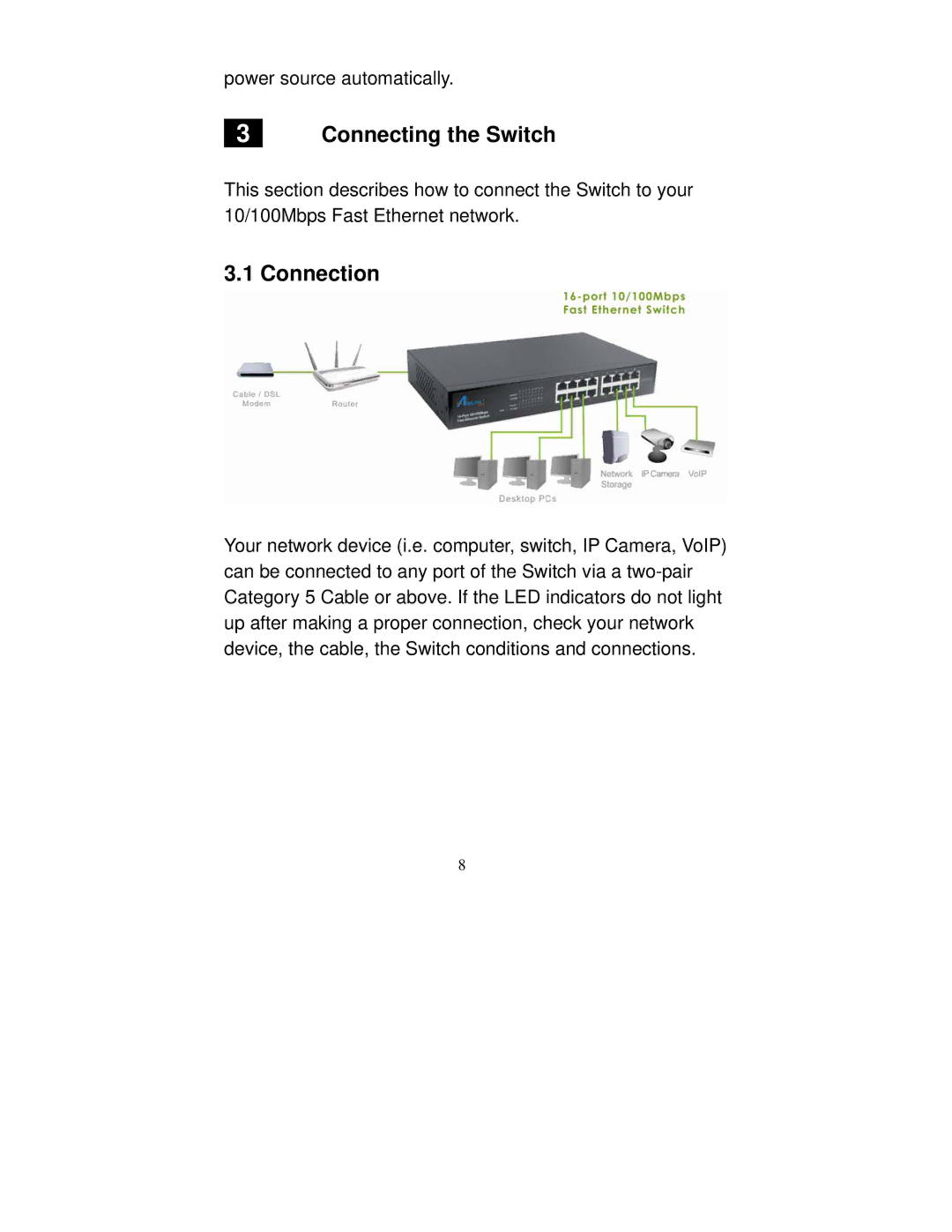 Airlink101 ASW316 manual Connecting the Switch, Connection 