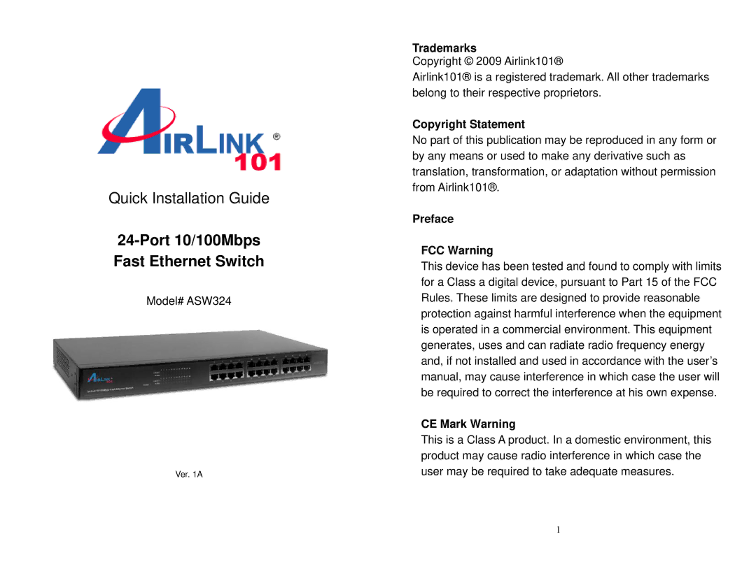 Airlink101 ASW324 user manual Trademarks, Copyright Statement, Preface FCC Warning, CE Mark Warning 