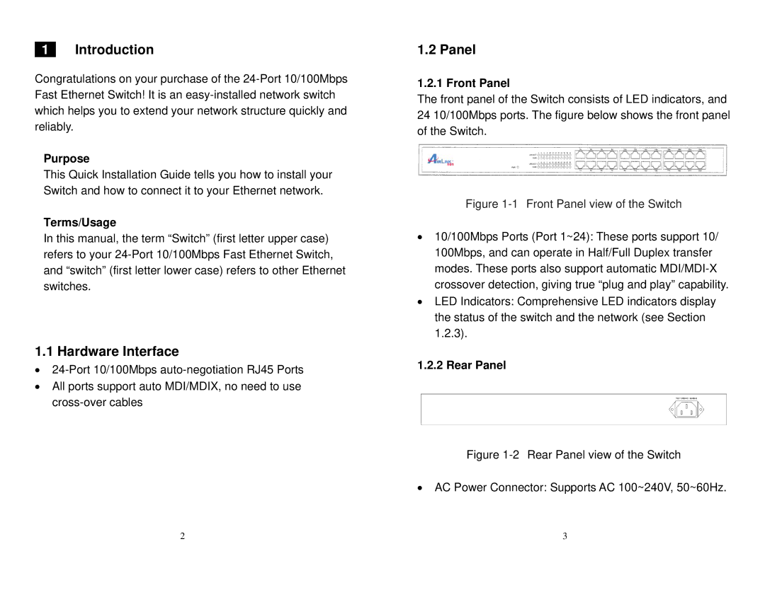 Airlink101 ASW324 user manual Introduction, Hardware Interface, Panel 