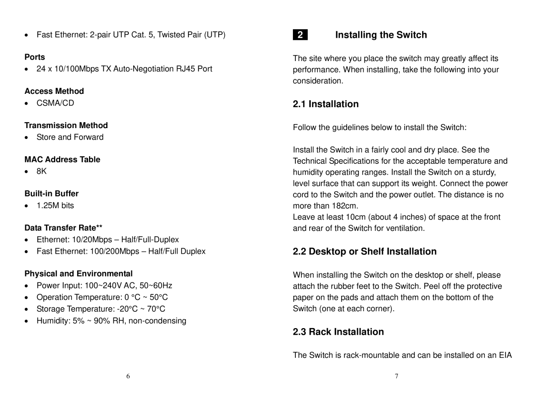 Airlink101 ASW324 user manual Installing the Switch, Desktop or Shelf Installation, Rack Installation 