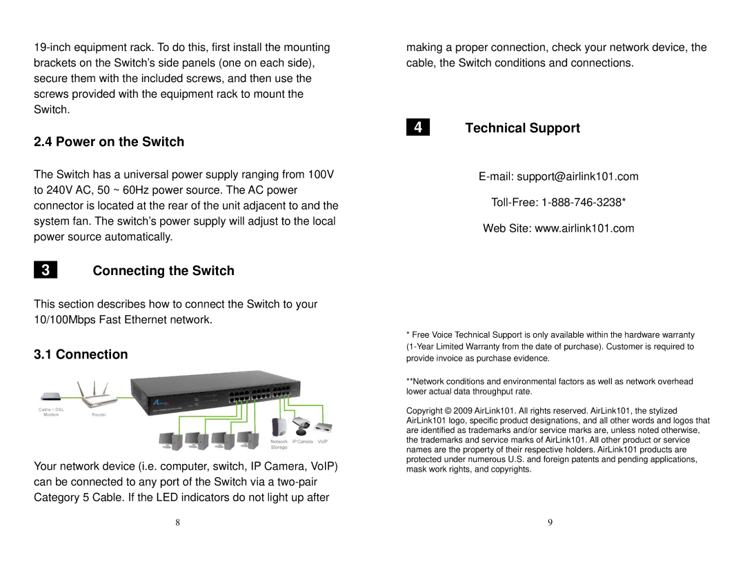 Airlink101 ASW324 user manual Power on the Switch, Connecting the Switch, Connection, Technical Support 