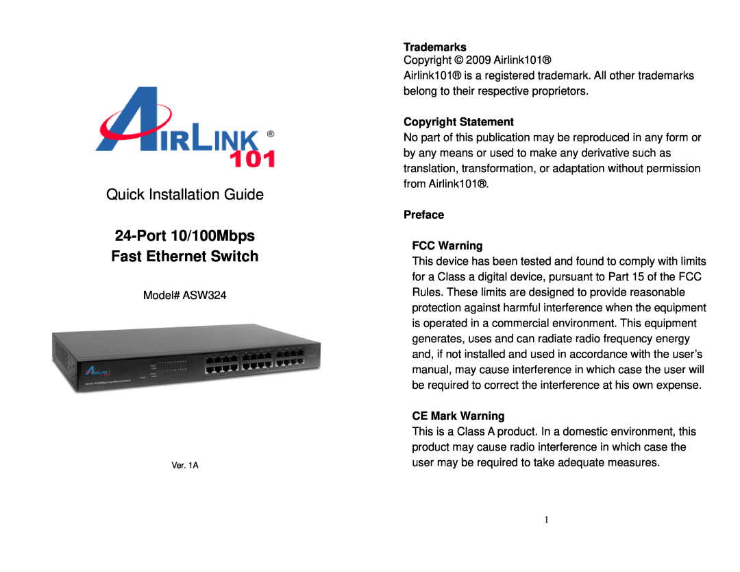 Airlink101 ASW324 user manual Trademarks, Copyright Statement, Preface FCC Warning, CE Mark Warning 